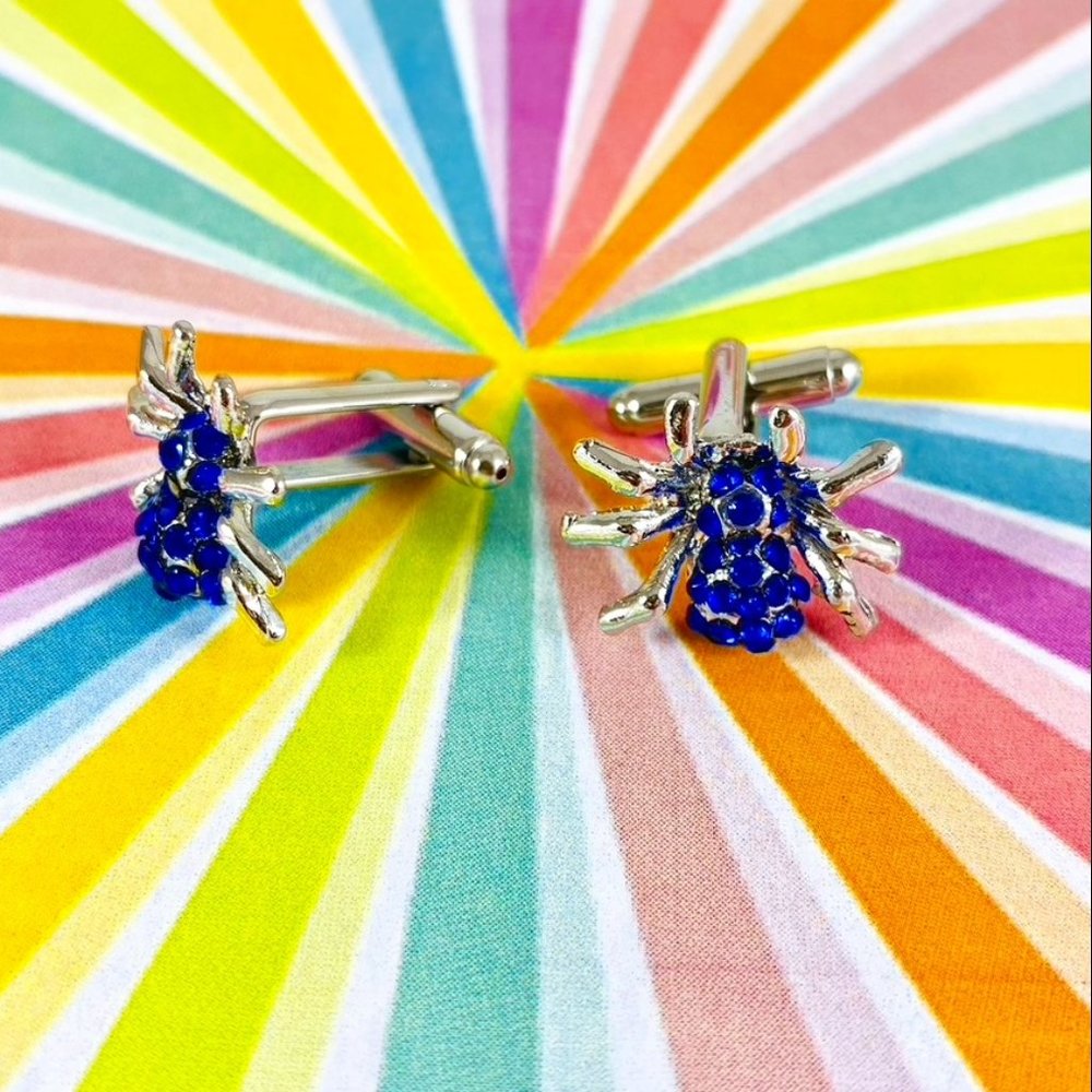 Cool Bright blue rhinestone encrusted little silver spider cuff links